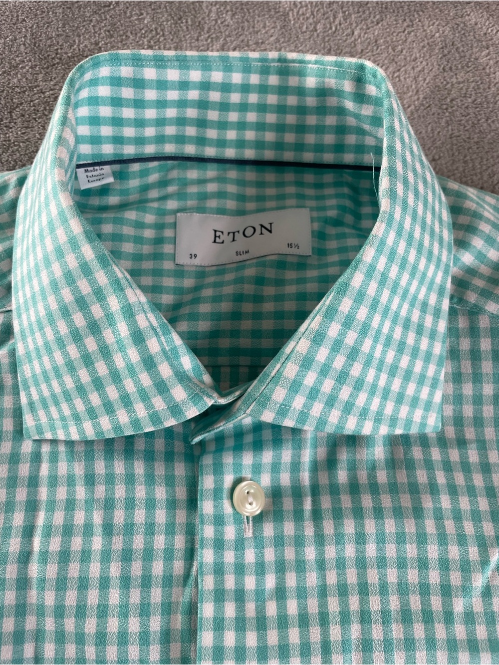 Eton Mens Checkered Long sleeve Dress shirt Button Green sz Slim 39 15 1/2 Twill